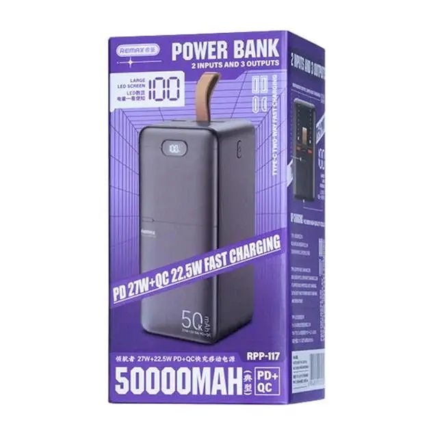 Павербанк Remax RPP-117 / 50000 мАг / PD 27W+QC 22.5W / USB-C + USB-A + Micro-USB / Чорний - фото 4