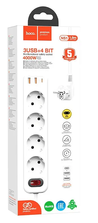 Сетевой фильтр Hoco NS1 Aura 4-bit PD 20W 2xUSB+Type-C (White) [69974] - фото 5