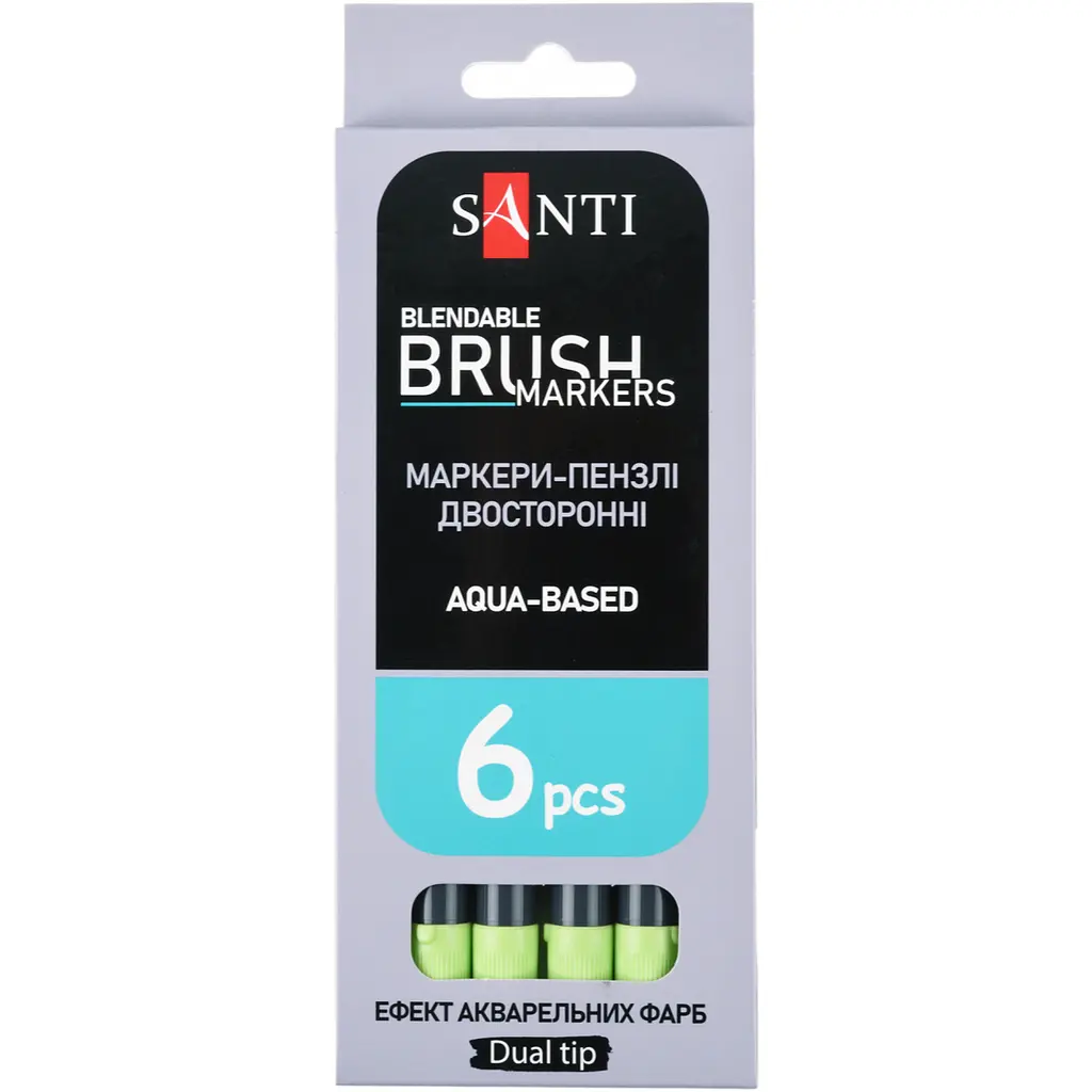 Маркер акварельний Santi Brush Marker SWB-24 салатовий двосторонній 6 шт. (391080) - фото 4