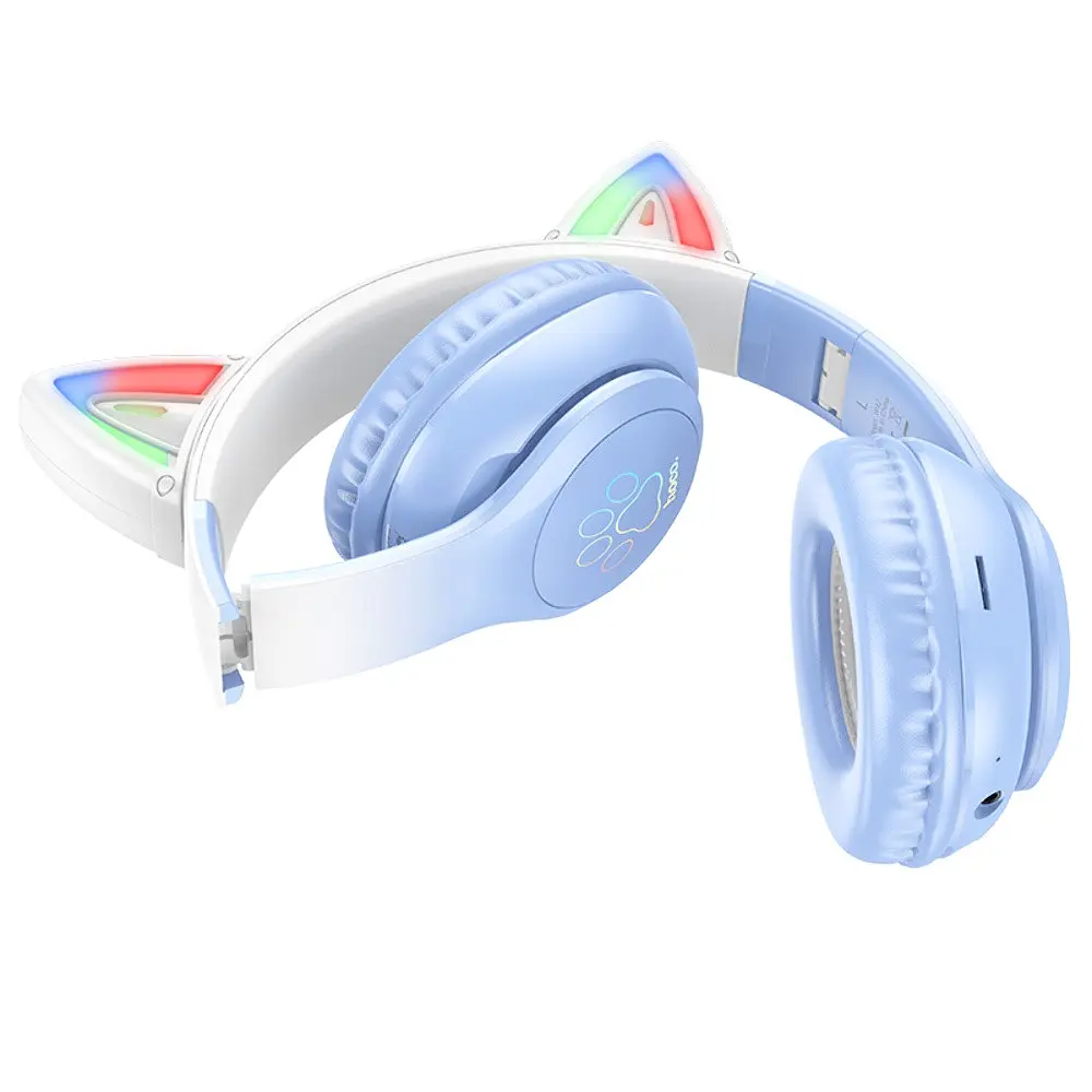 Наушники беспроводные Hoco W42 Cat Ear накладные с ушками и LED подсветкой crystal синий - фото 3