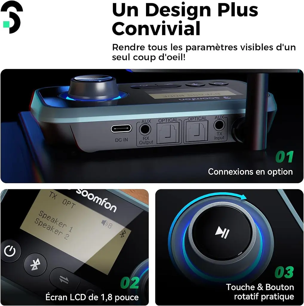 SOOMFON Bluetooth адаптер 3-в-1 (TX/RX/Bypass) 5.0 з LCD-дисплеєм, AUX/RCA/Optical, USB-C - фото 5