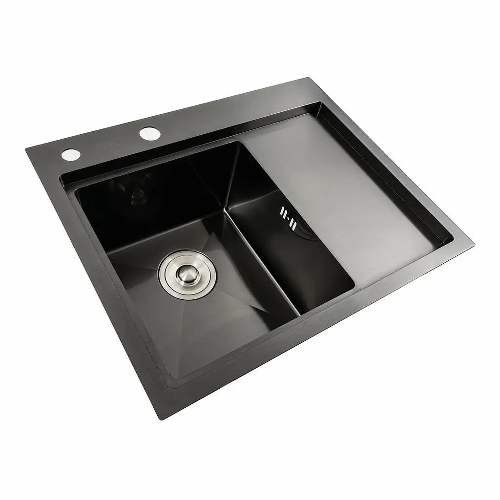Кухонна мийка чорна PVD 58x48 L Platinum Handmade (два отвори, круглий сифон 3,0/0,8), Чорний - фото 2