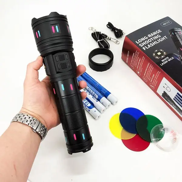 Ліхтар NIGHT VISION FLUORESCENCE XPRO AK177-1, білий лазер, LED, power bank, 4×18650, індикація заряду, ЗУ Type-C, zoom, 5 фільтрів (47153-177-1_1117) - фото 5