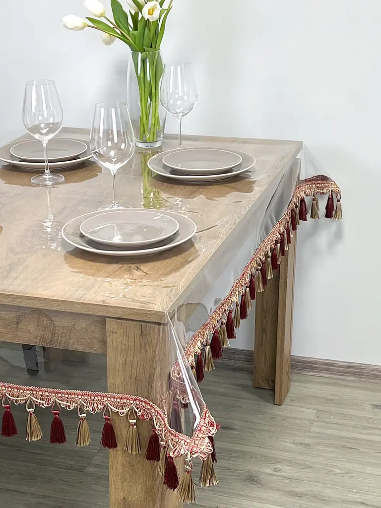 Скатертина силіконова з бордово-молочною бахромою 400х110 см - фото 2