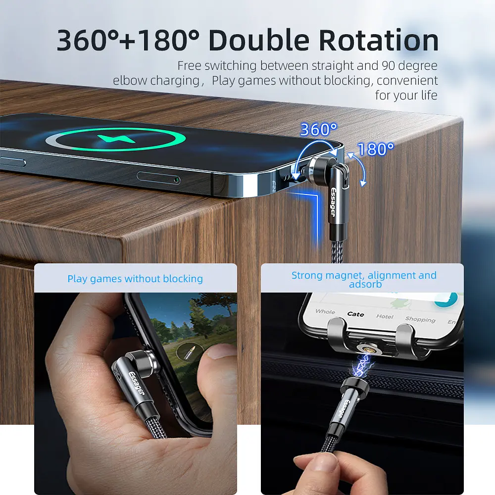 Кабель Essager Universal 540 Ratate 3A Magnetic USB Charging Cable Lightning 1 м Сірий (EXCCXL-WX0G) - фото 2