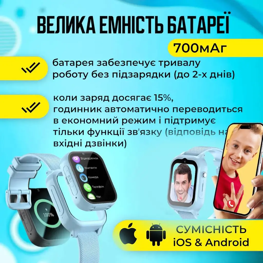 Смарт годинник дитячий A1 з відеодзвінком HD-камерою та GPS 2 змінних корпуса в комплекті Блакитний (KW2-A1-Blue) - фото 6