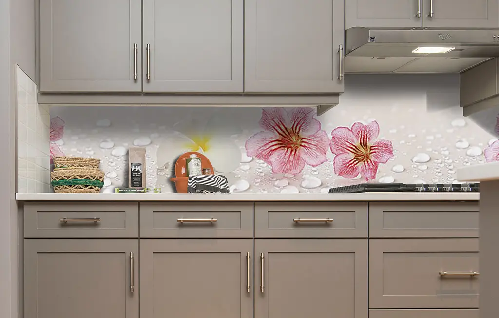 Вініловий кухонний фартух Великі Квіти та краплі Води наклейка для кухні ПВХ роса Бежевий Happy Pocket Z181744 - фото 5