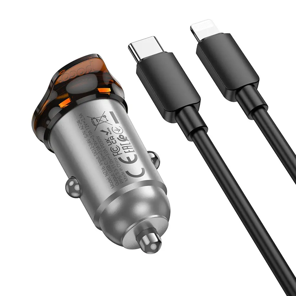 Автомобільний зарядний пристрій Hoco NZ16 Type-C PD 30W metal grey + кабель Type-C to Lightning - фото 5