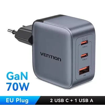 Зарядний пристрій Vention 1xUSB-C PD 70 Вт + 1xUSB QC 3.0 22.5 Вт GaN + кабель USB-C — USB-C 1.0 м 5 А сірий (TZ-FCGH0-EU) - фото 3