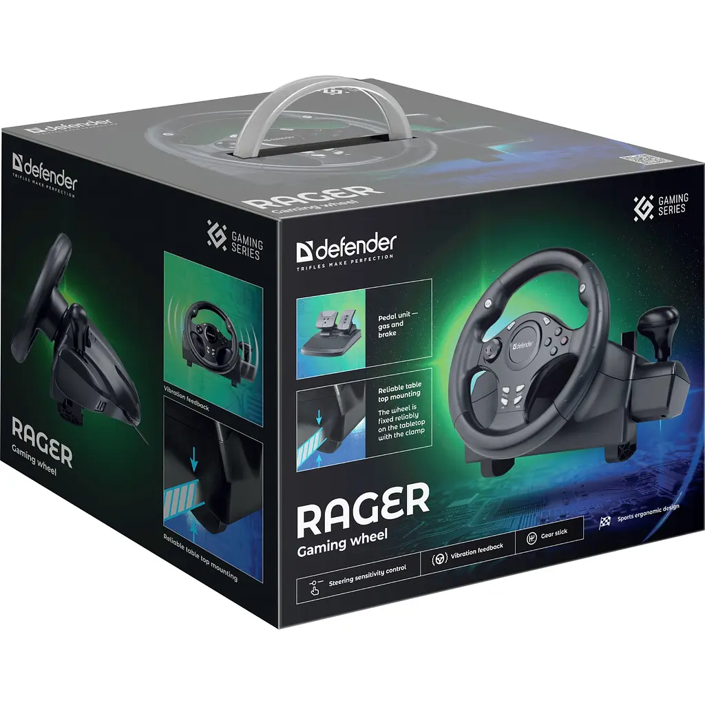 Ігрове кермо з двома педалями Defender Rager PC/PS/Xbox/Switch, чорне - фото 8