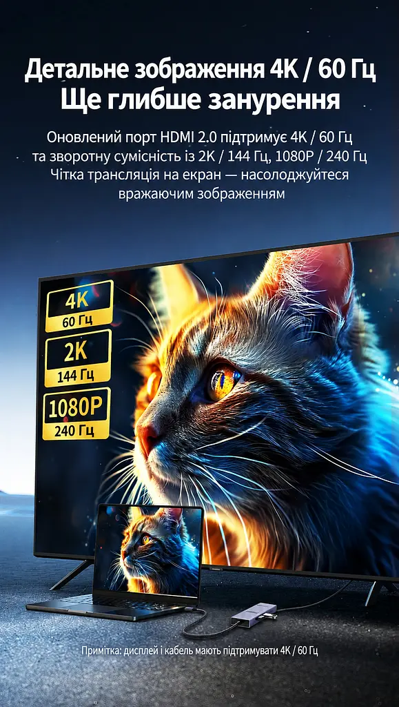 Док-станція USB-C UGREEN Revodok CM886 9 в 1 HDMI 2.0 до 4K 60 Гц 2K 144 Гц 1080p 240 Гц 2×USB-A та 1×USB-C до 10 Гбіт/с і 1×USB-A до 5 Гбіт/с Ethernet RJ45 до 2,5 Гбіт/с SD/microSD вхід USB-C PD 3.0 до 100 Вт заряджання ноутбука до 85 Вт HDMI потребує USB-C з відеовиходом заряджання потребує підтримки USB PD одночасне читання двох карт до 170 МБ/с Windows/macOS LED-індикатор ребристий алюмінієвий корпус вбудований кабель 30 см космічний сірий (55543) - фото 7