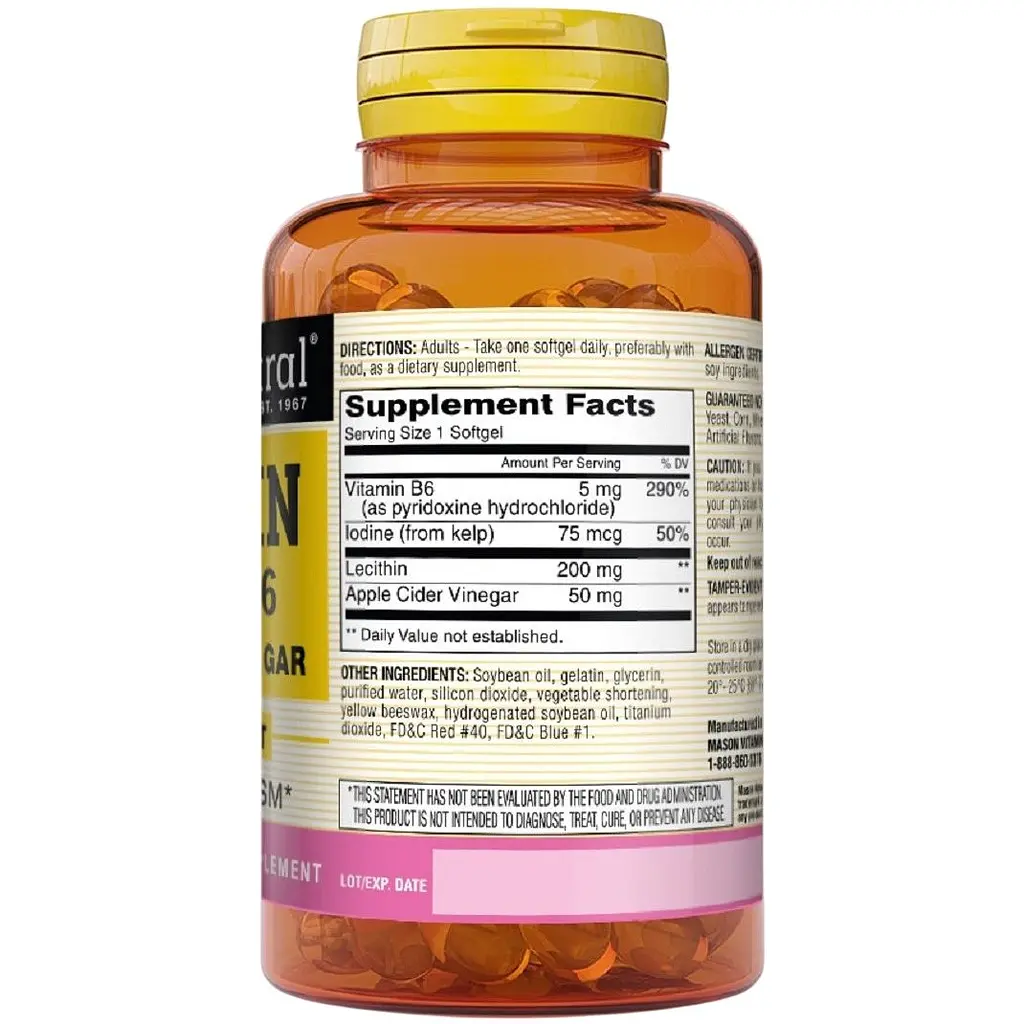 Лецитин з водоростями, вітаміном B6 та яблучним оцтом Mason Natural Lecithin With Kelp/Vitamin B 6 Plus Cider Vinegar 100 гелевих капсул - фото 2