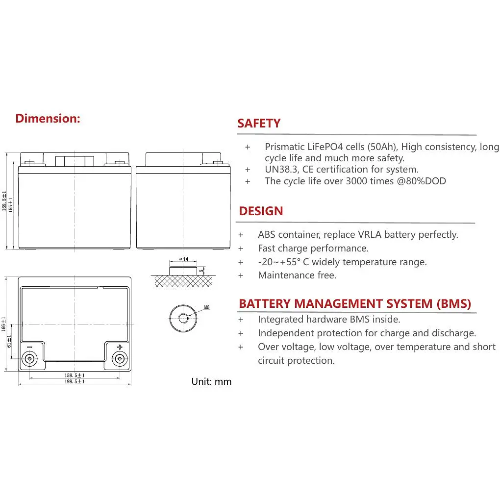 Акумулятор Ritar LiFePO4 12V (12.8V/50Ah/640Wh) (R-LFP 12.8V 50Ah) [168177] - фото 4