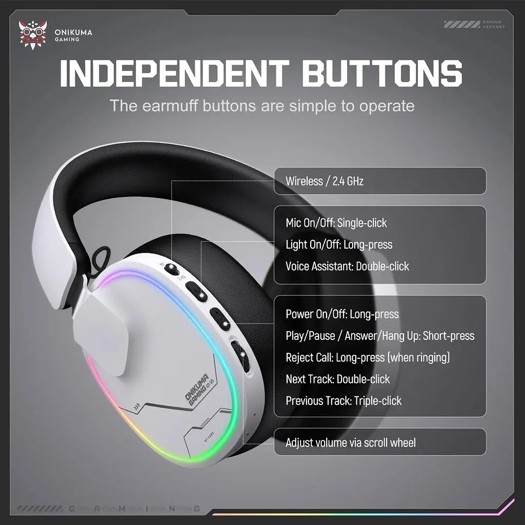 Навушники Onikuma бездротові ігрові з Bluetooth 5.3 RGB підсвітка з мікрофоном геймерська гарнітура для ПК Білий - фото 6
