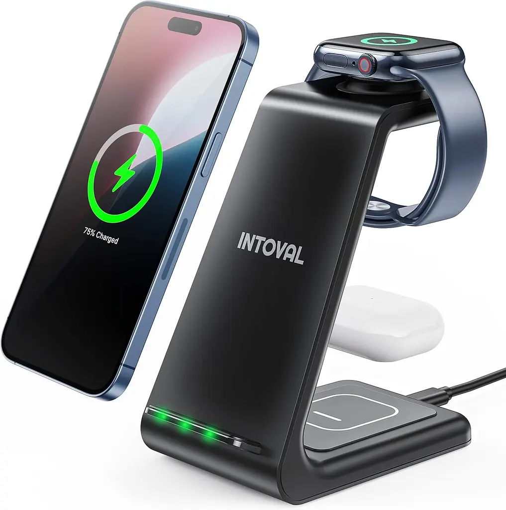Бездротова зарядна станція Intoval A3 3в1 для iPhone Apple Watch та AirPods з швидкою зарядкою 15 Вт чорна (SKU-063)