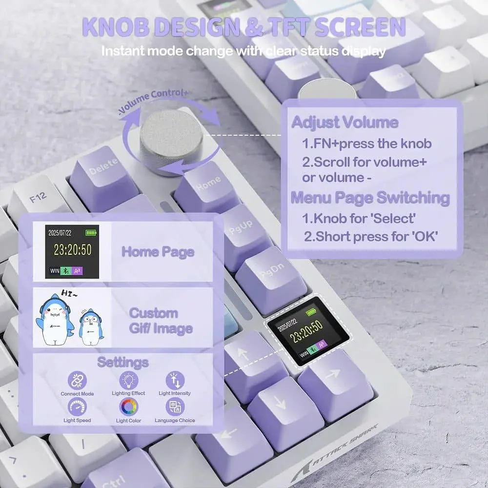 Клавіатура Attack Shark X820 Ultra RGB Linear Gift Switch Wireless (AS-6972792471273-L-UA) Lavender (G-000003584) - фото 9