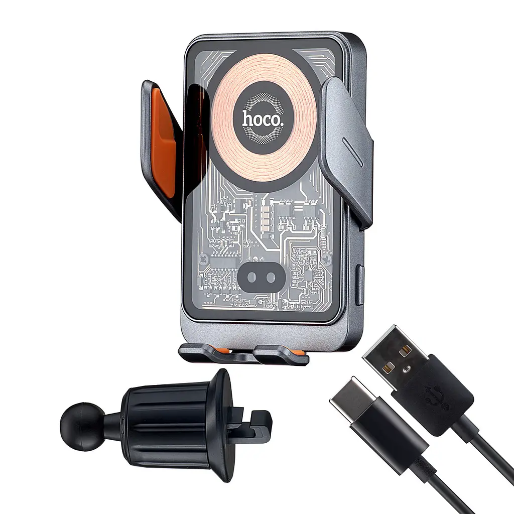 Холдер Hoco HW7 Transparent Discovery Edition wireless fast charg car holder air outle Темно-сірий - фото 3