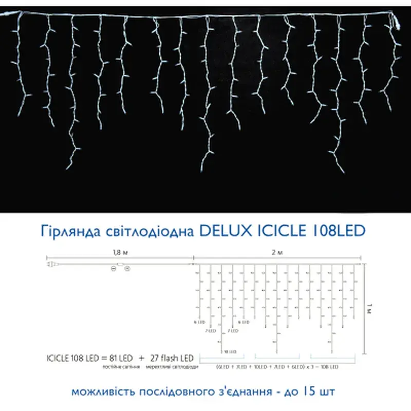 Гірлянда Delux ICICLE flash 108LED 2 х 1 м жовтий/білий IP44 EN (90012941) - фото 3