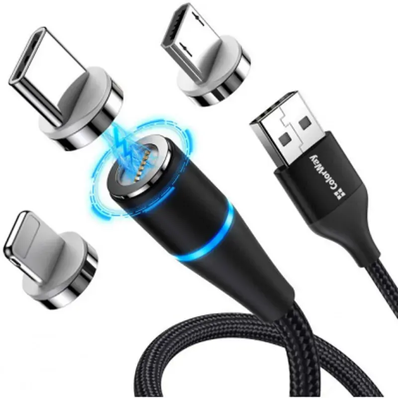 Дата кабель USB 2.0 AM to Lightning + Micro 5P + USB-C 1.0m Magnetic ColorWay (CW-CBUU038-BK) - фото 2