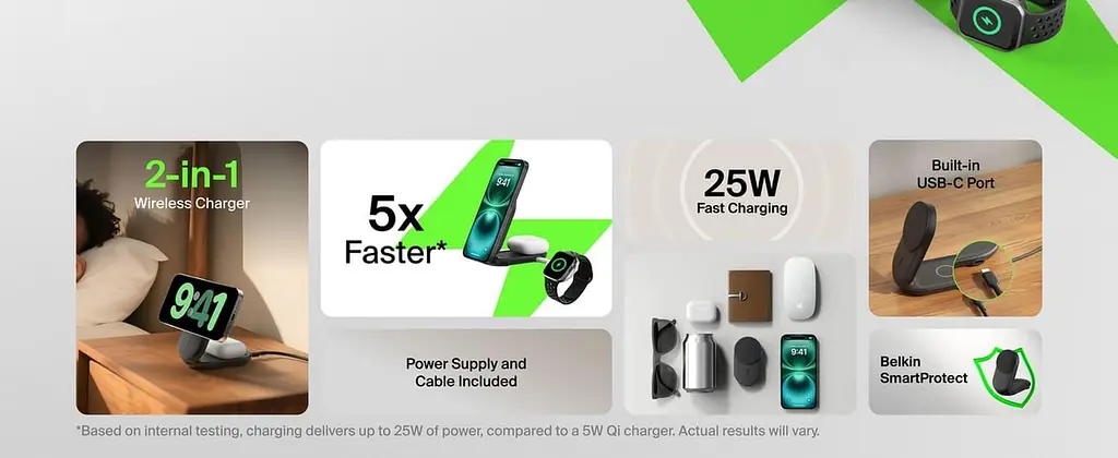 Зарядний пристрій Belkin UltraCharge 2-in-1 Foldable Magnetic Charging 25Вт, чорний (WIZ039KQBK) - фото 8
