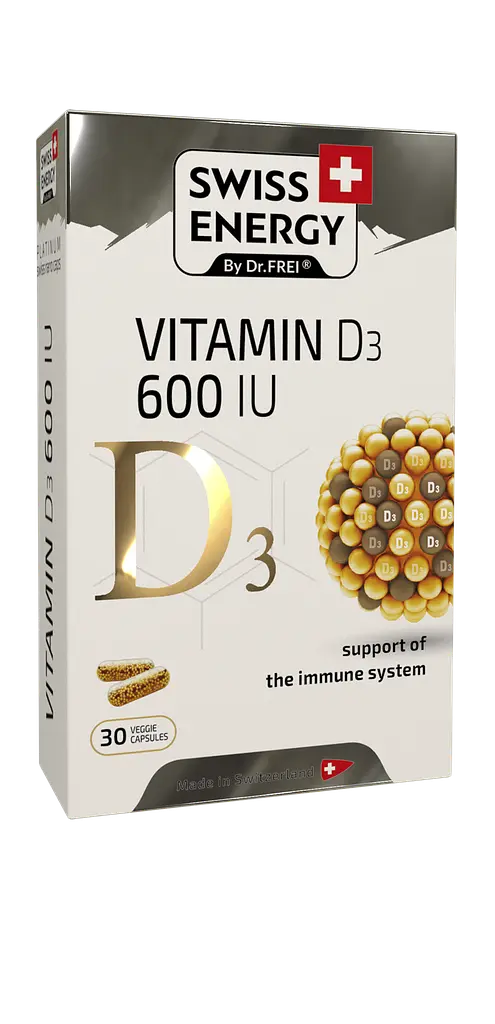 Вітамін D3 для імунітету, D3 600 IU, 15 мкг (600 МО), 30 веганських капсул Swiss Energy vit0003283