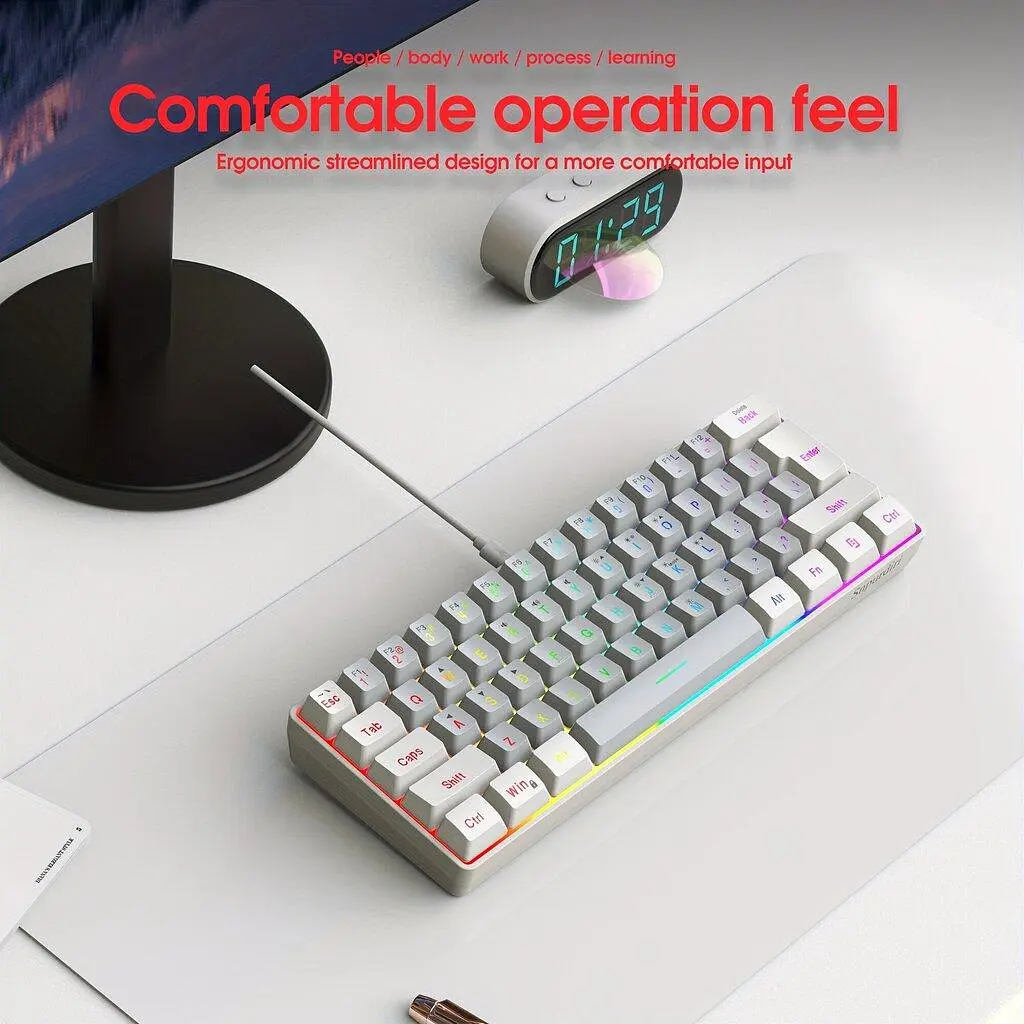 Snpurdiri 60% Дротова Ігрова Клавіатура, RGB Підсвічування, Компактна 61 Клавіша. Tadvyy, V800 balta ir pilka - фото 5