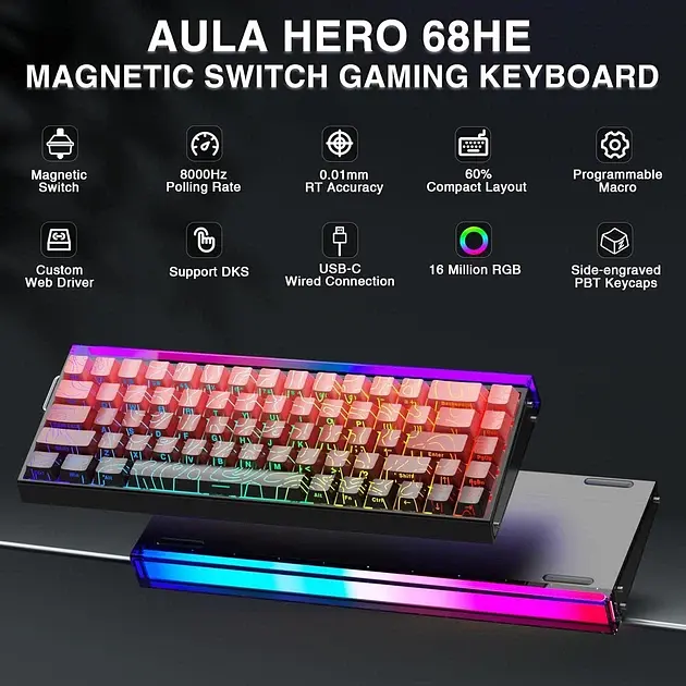 Магнитная клавиатура AULA HERO 68 HE / 60% / Проводное подключение / Sea Emperor Meteor Magnetic Switch / Red Lines - фото 3