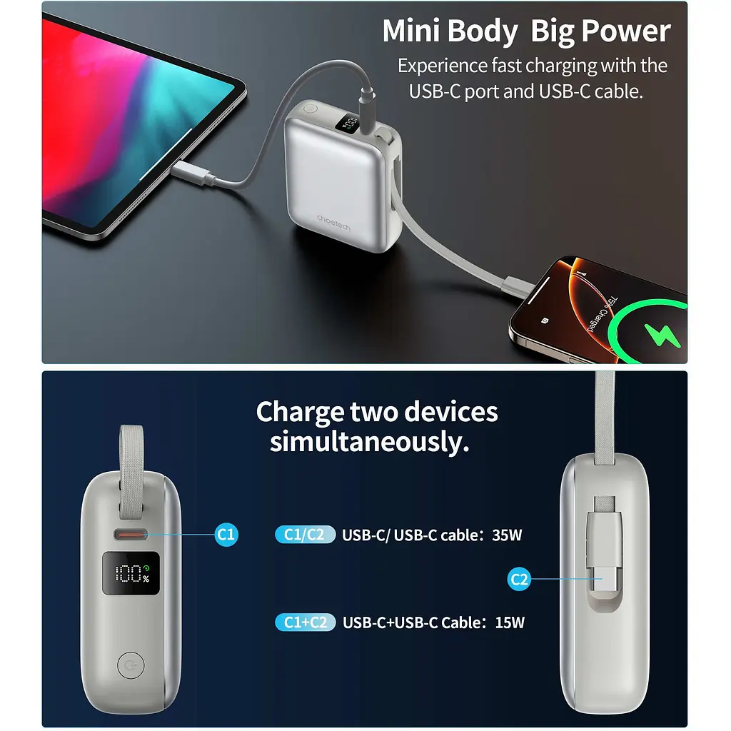 Зовнішній акумулятор Choetech B832-GO 10000mAh 35W Silver [156580] - фото 5