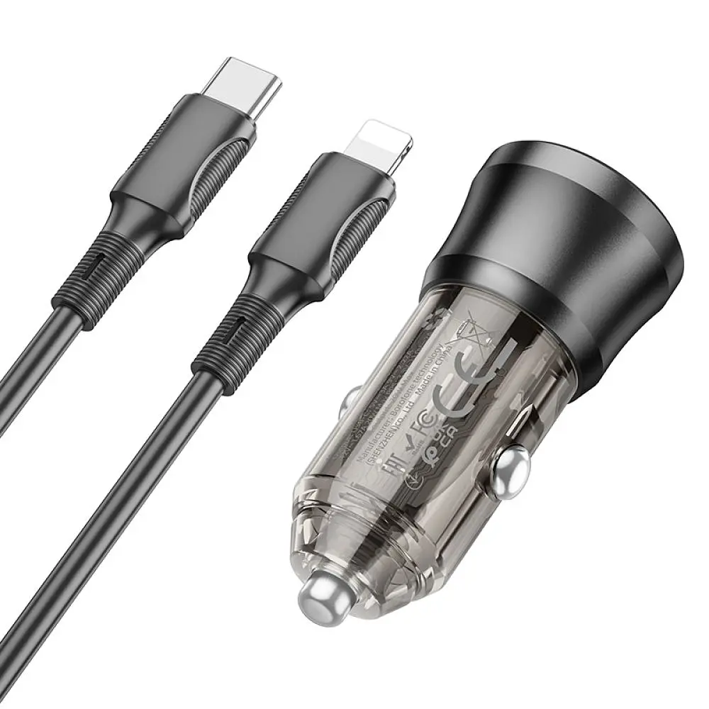 Автомобільний зарядний пристрій Borofone BZ24 Clever single port 1USB-C QC3.0/PD20W Type-C to Lightning Transparent Black (34162_3337969) - фото 7