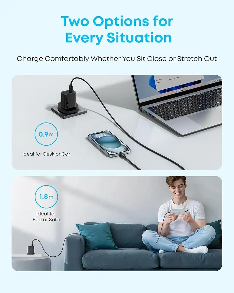 Кабель Anker USB-A → USB-C 0,9 м, нейлоновий, комплект 2 шт для заряджання та передачі даних - фото 5