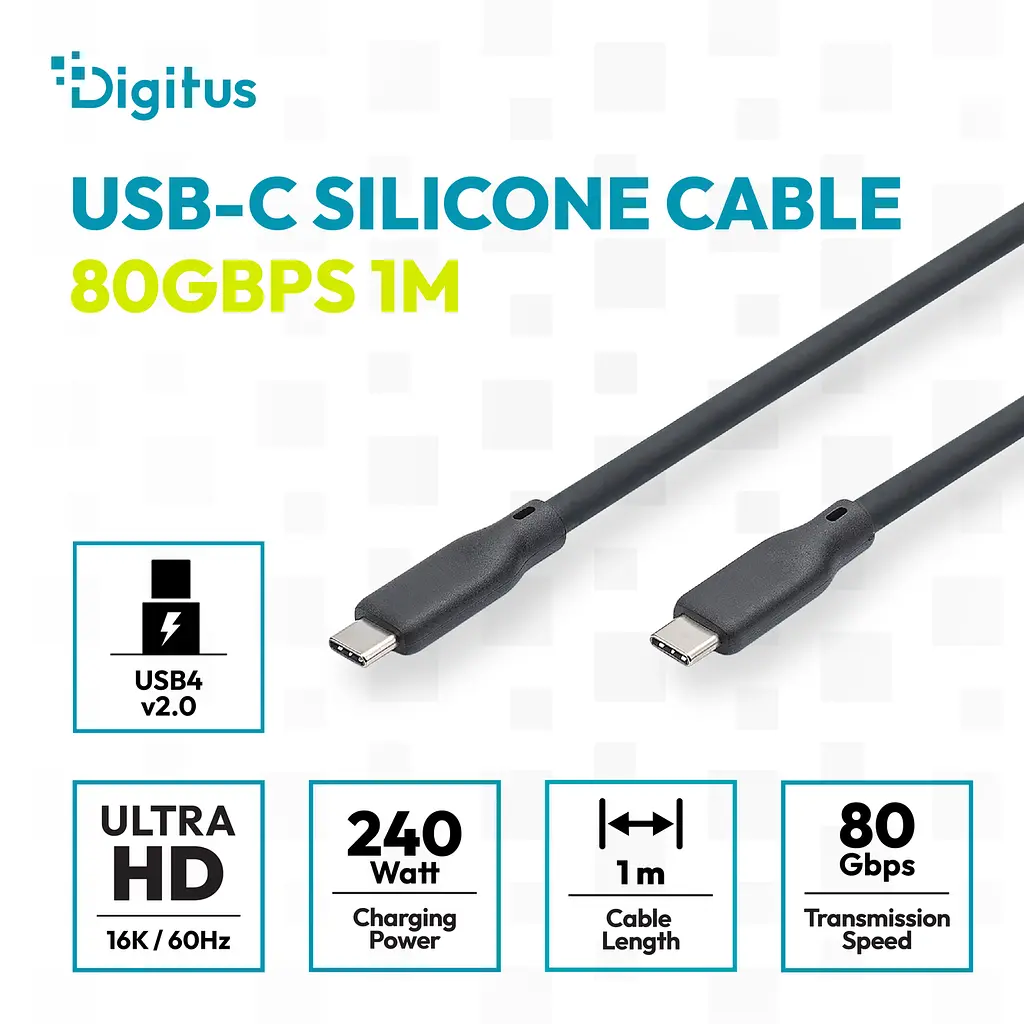 Кабель Digitus USB-C > USB-C заряджання/синхронізації, USB4 2.0, 80G, 240W, 16K, силіконовий, 1м, чорний - фото 8