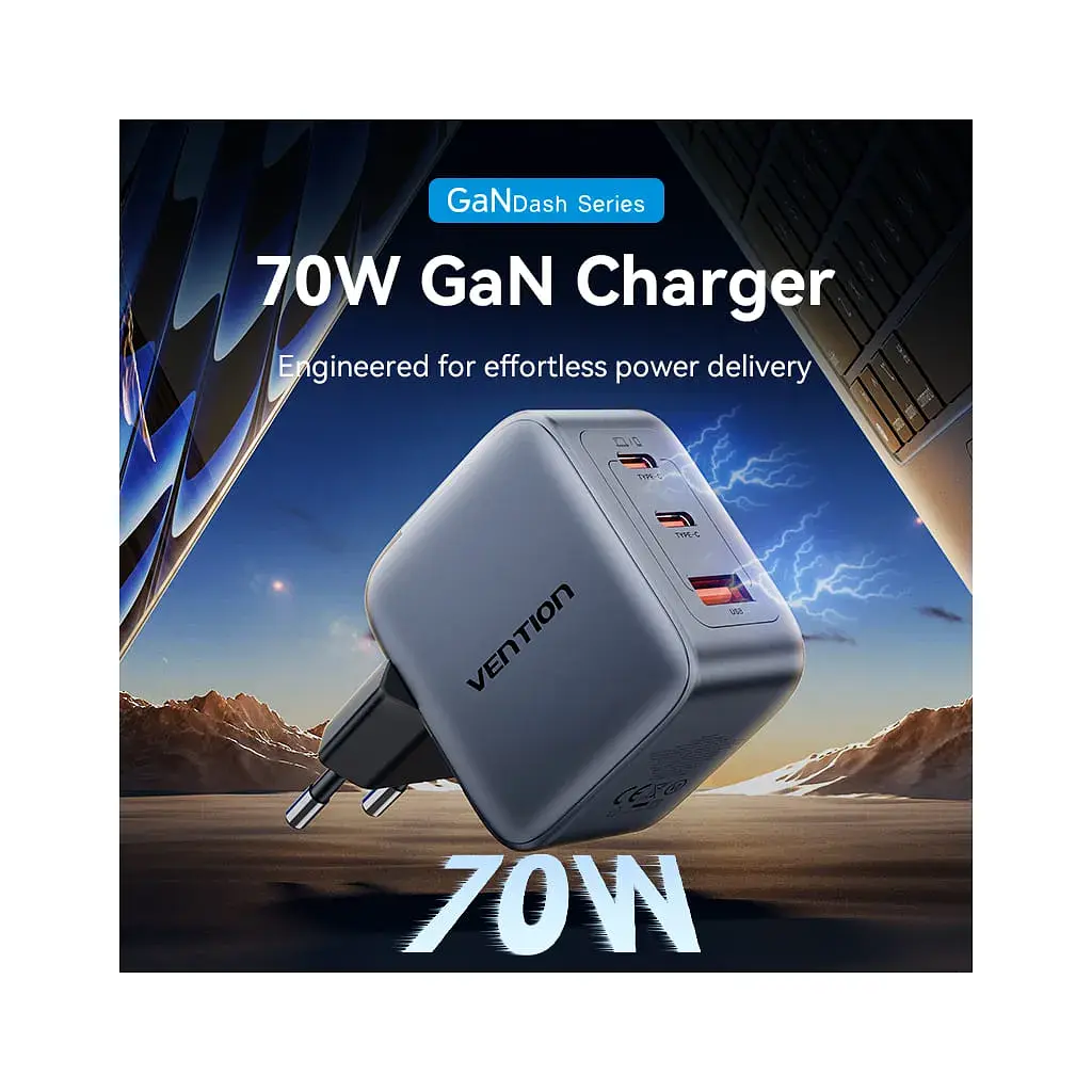 Зарядний пристрій Vention 2xUSB-C PD70W + 1xUSB QC3.0 22.5W GaN gray (FEXH0-EU) - фото 2