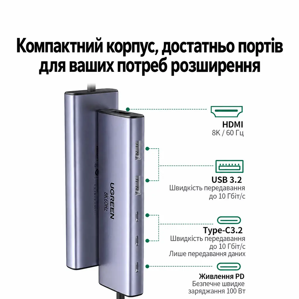 Док-станція UGREEN CM500 USB-хаб підключення до комп’ютера USB-C USB4 2 USB-A та 2 USB-C лише для даних USB 3.2 Gen2 до 10 Гбіт/с спільно для всіх портів даних відеовихід HDMI 2.1 до 8K 60 Гц для HDMI потрібен відеосигнал DisplayPort через порт комп’ютера вхід живлення USB-C PD 3.0 100 Вт із заряджанням ноутбука до 95 Вт заряджання лише для ноутбуків із прийманням живлення USB-C PD для максимальної потужності заряджання потрібен зарядний пристрій PD 100 Вт вбудований кабель 20 см космічний сірий (25102) - фото 2