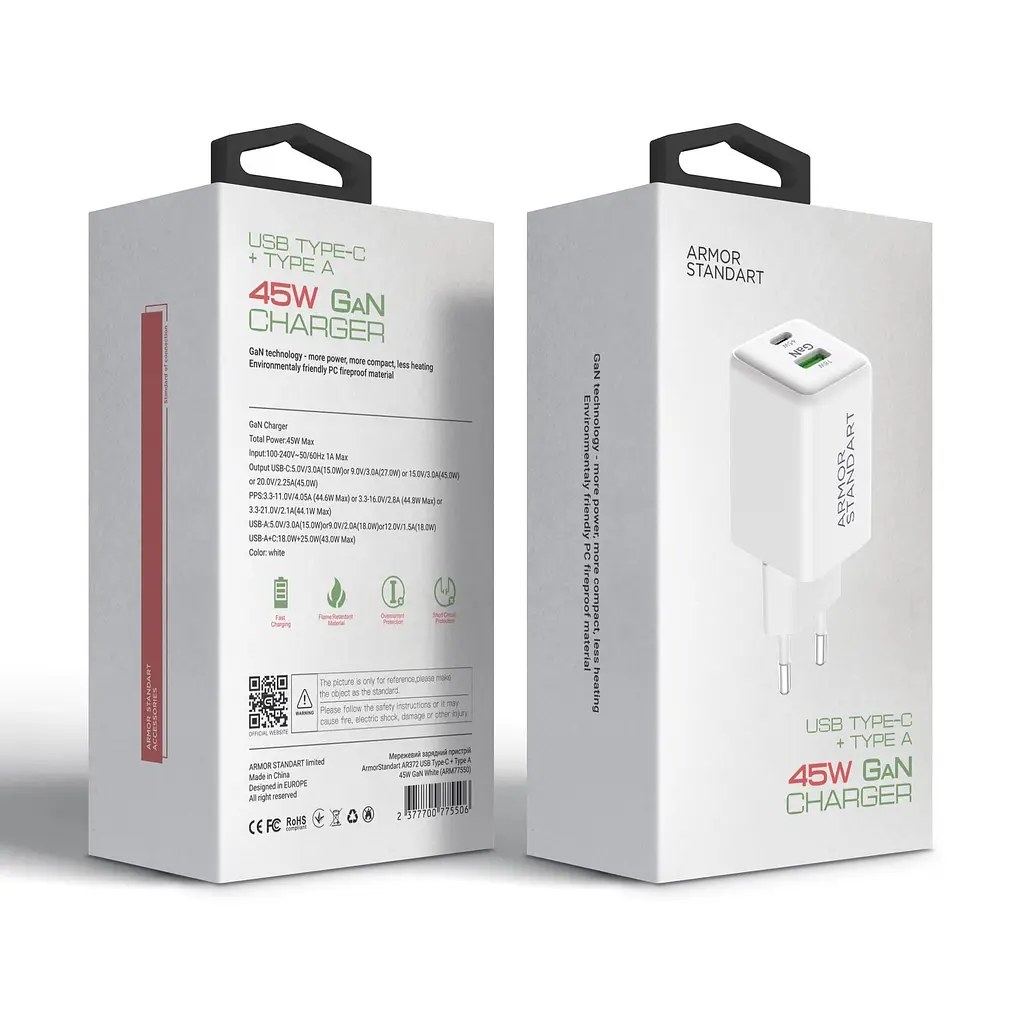 Зарядний пристрій Armorstandart AR372 45W GaN Type-C + USB-A White (ARM77550) - фото 3