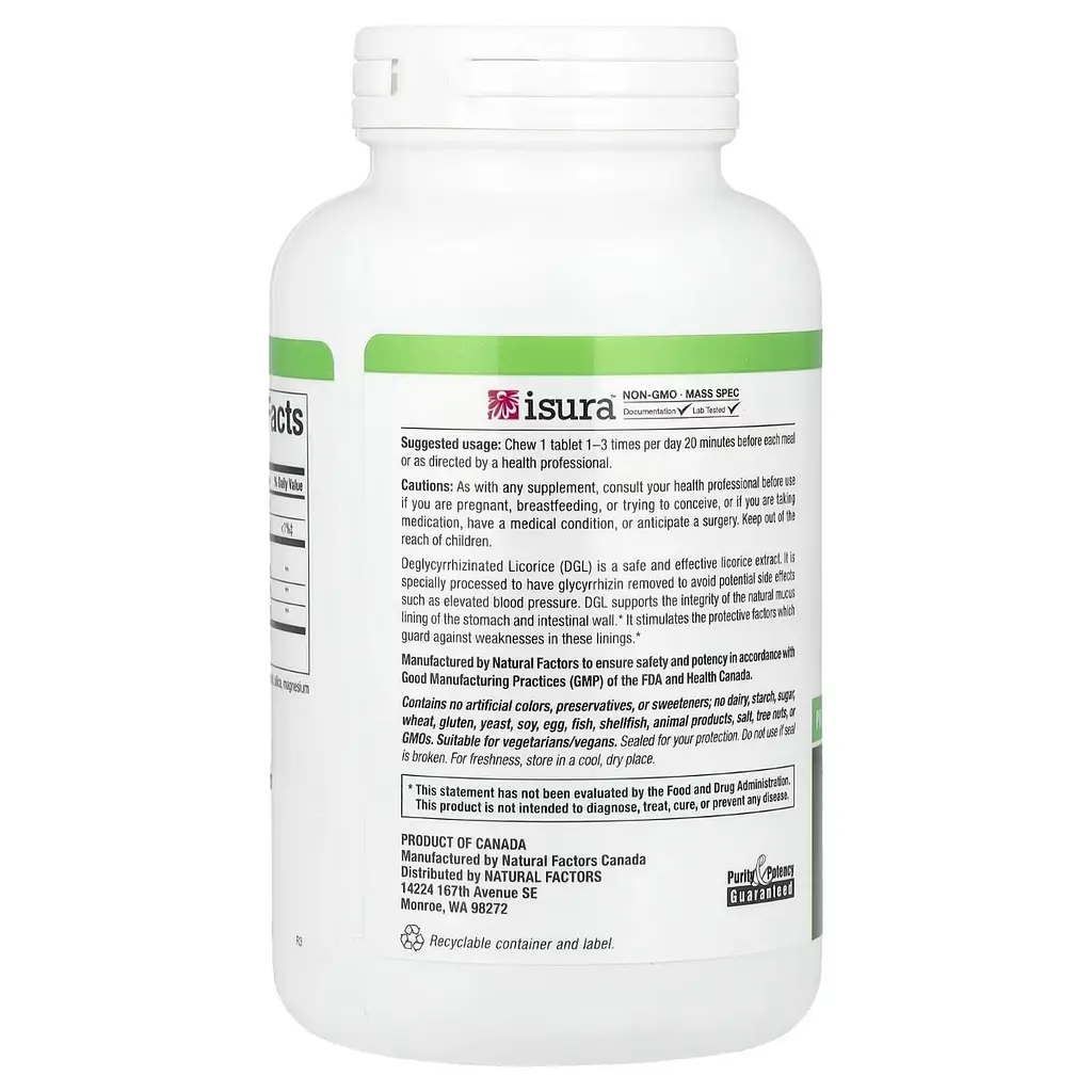 Солодка (Лакриця) дегліцирризиновий екстракт кореня DGL Deglycyrrhizinated Licorice Root Extract Natural Factors 180 жувальних таблеток - фото 3