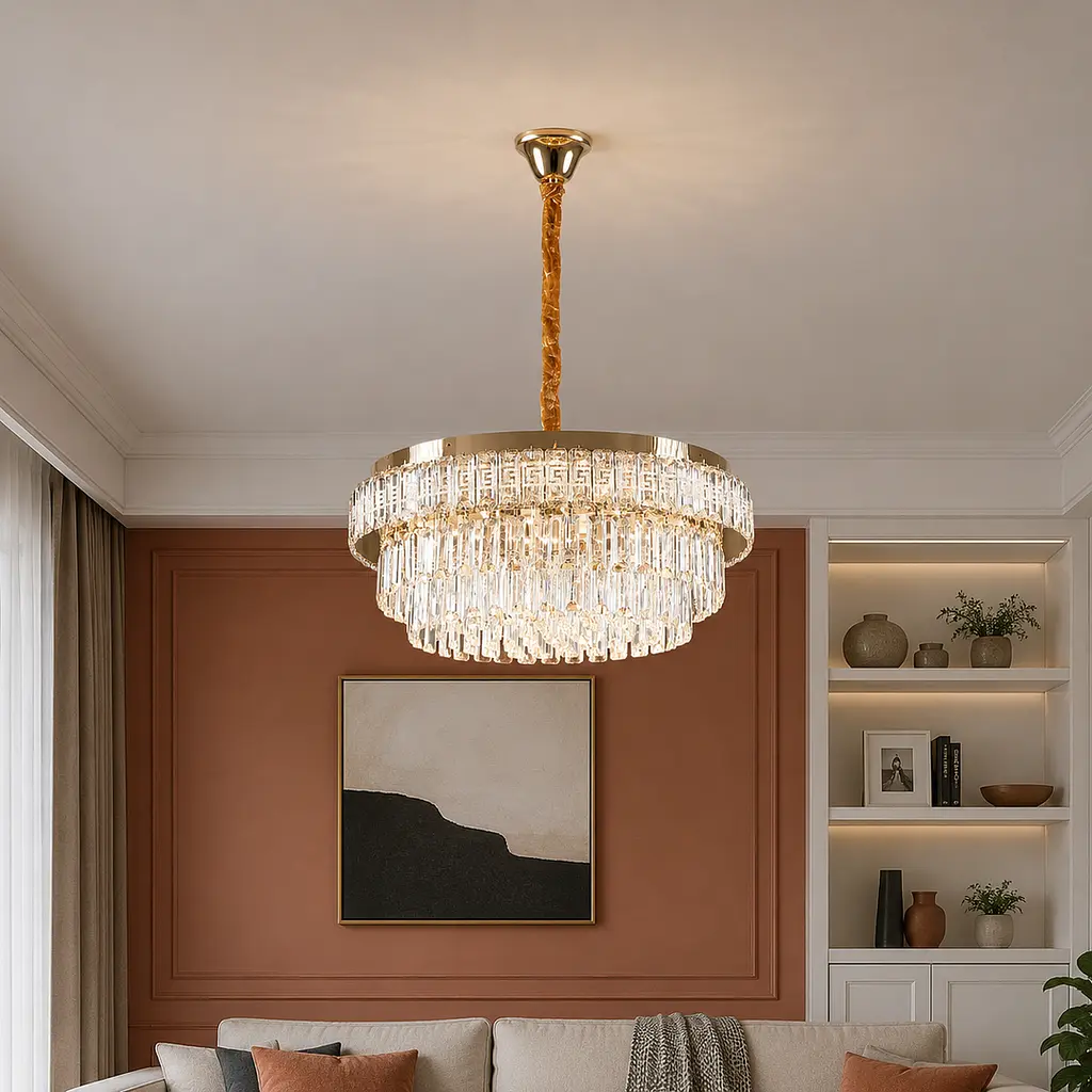 Велика золота кришталева світлодіодна люстра Splendid Ray L2211/600/8+LED (SGD), 60 см на 8 ламп з дистанційним керуванням