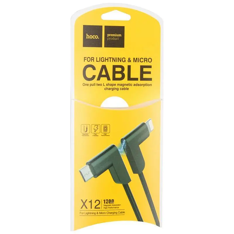 USB Cable Hoco X12 One Pull Two Magnetic 2in1 iPhone 6/MicroUSB (L Shape) Black 1.2m - фото 3