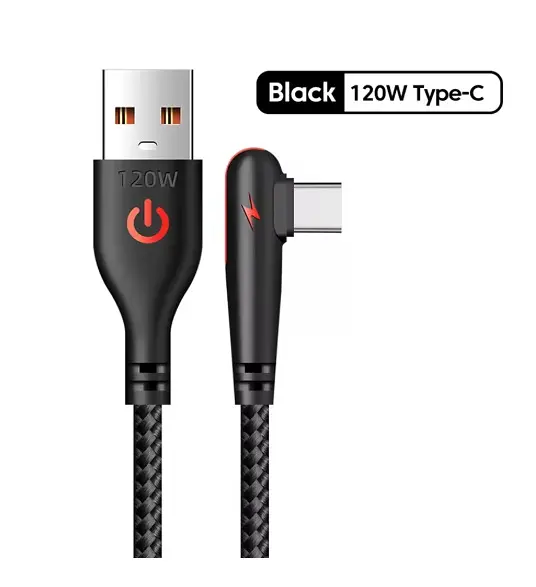 Плетений кабель для швидкого заряджання USB Type C. 90 градусів. Чорний 1,5 м  - фото 2
