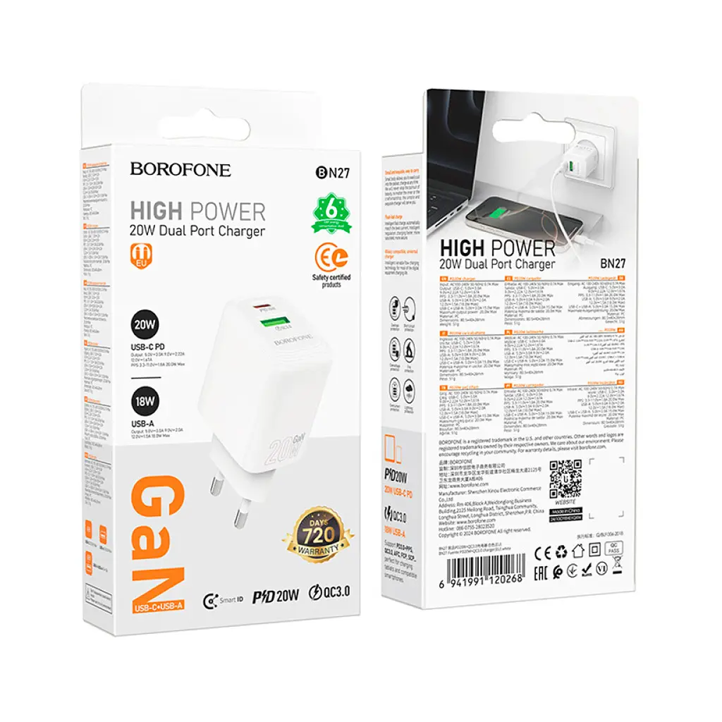 Зарядний пристрій BOROFONE BN27 Fuente 1xUSB-C PD 20 Вт + 1xUSB QC 3.0 білий (6941991120268) - фото 8