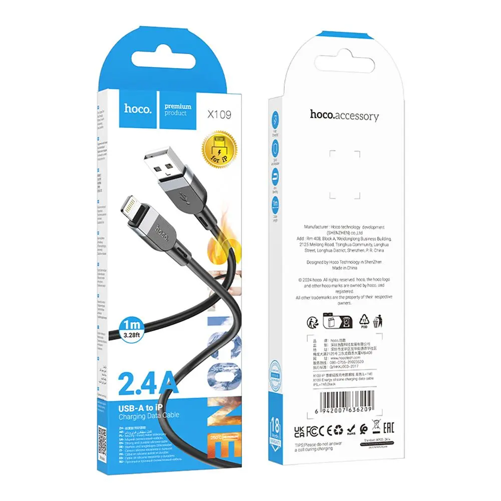 Кабель синхронізації Hoco X109 Silicone 2.4A USB to Lightning 1m Black (35923_3605828) - фото 3