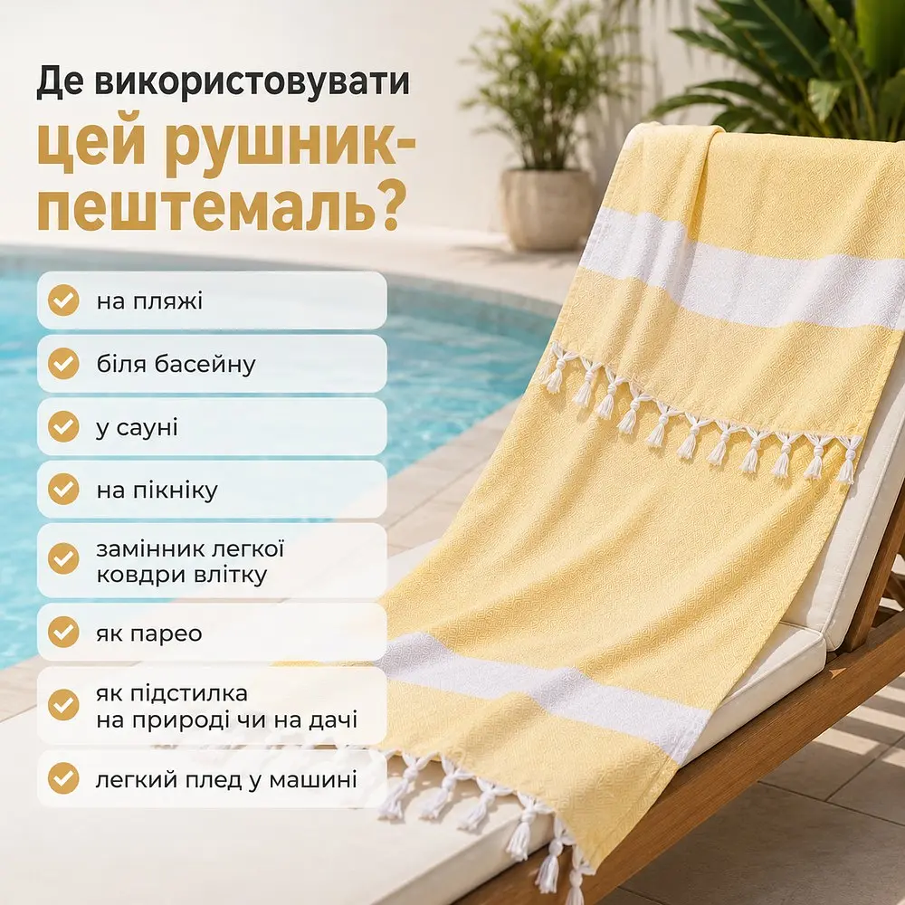 Рушник пештемаль Turkey Towel 100х180 см легкий великий для пляжу басейну бані сауни підстилка на дачу пікнік природу відпустку море ромб жовтий - фото 3