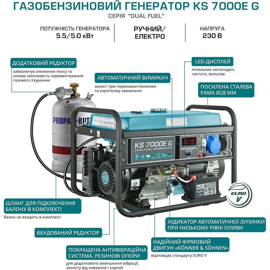 Генератор Синхронный KonnerSohnen KS 7000E G, 230В, 5.5кВт, электростартер, 77.2кг/5000 Вт/Газ+бензин (KS7000EG) - фото 10