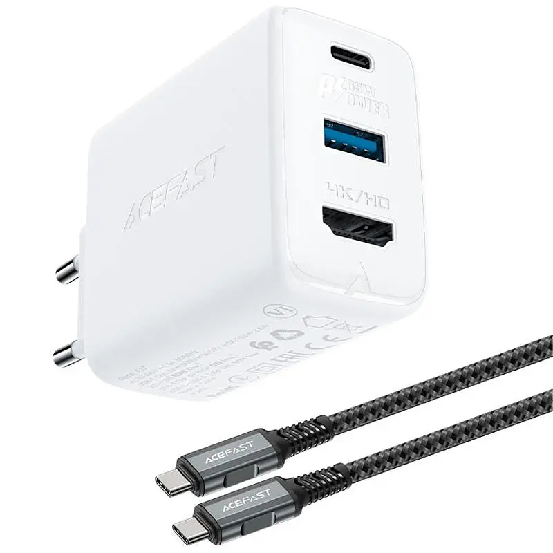 МЗП A17 PD65W GaN (1USB-A/1C/1HDMI) + кабель Type-C to Type-C White Acefast teh0029675 - фото 2