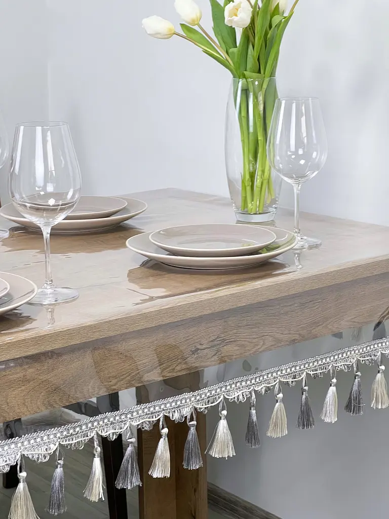 Скатертина силіконова з сіро-молочною бахромою 330х180 см - фото 9