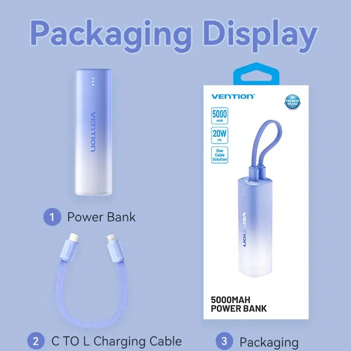 Універсальна мобільна батарея Vention 5000mAh 20W PD, USB-C In/Out, Lightning In/Out, with cable, Gradient Синій - фото 3