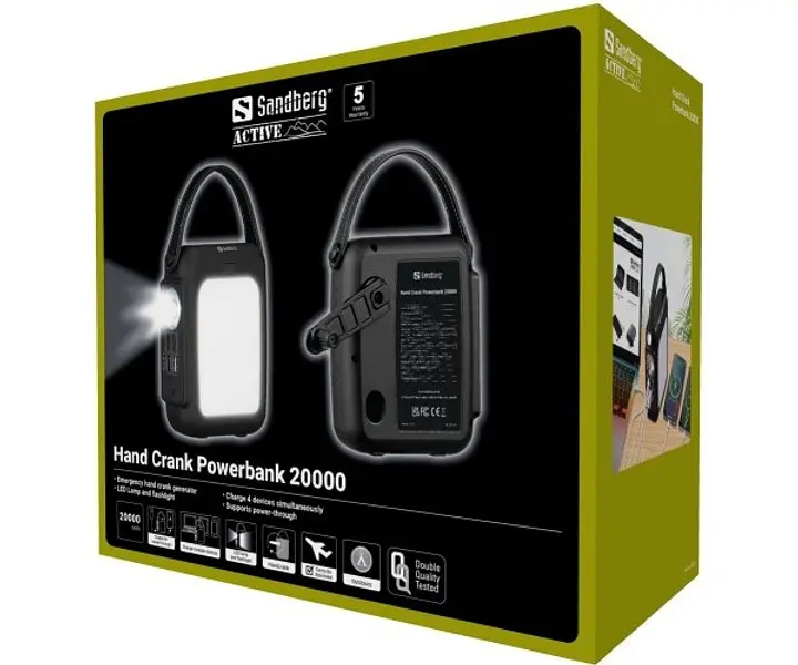 Акумулятор портативний Sandberg 20000 mAh 20 W динамозаряджання режим ДБЖ прожектор ліхтарик - фото 5