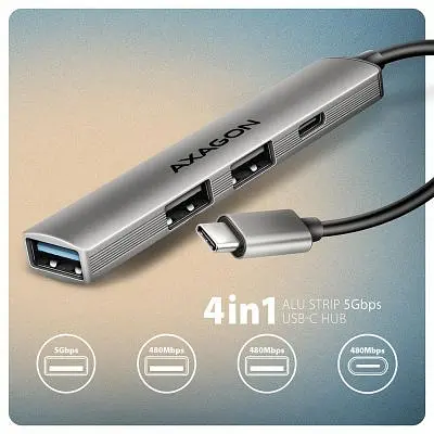 Концентратор Axagon USB-C to 1xUSB-A 5Gbps + 2xUSB-A 480Mbps + 1xUSB-C 480Mbps 0.12m aluminum (HUE-STC) - фото 3