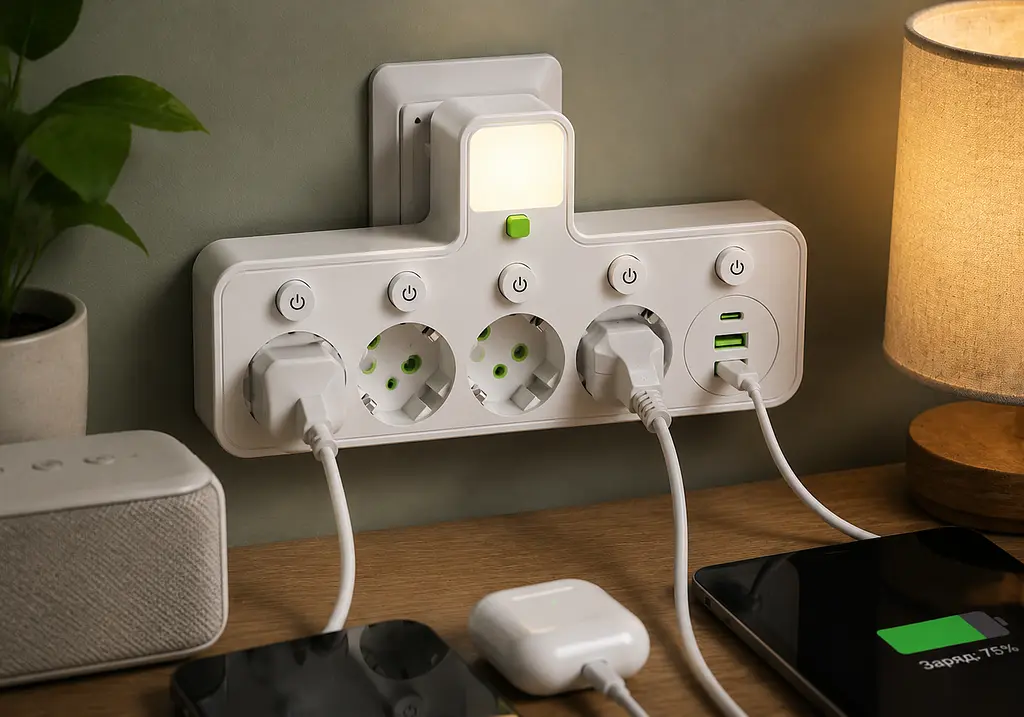 Мережевий фільтр 4 розетки + USB / адаптер на 4 розетки + USB з індивідуальними кнопками та LED-підсвічуванням Білий - фото 3