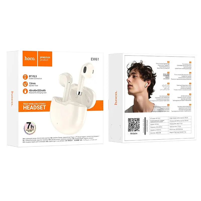 Наушники Hoco June true wireless BT headset EW61 |BT5.3, 40/320mAh, 7h| Milky white - фото 3