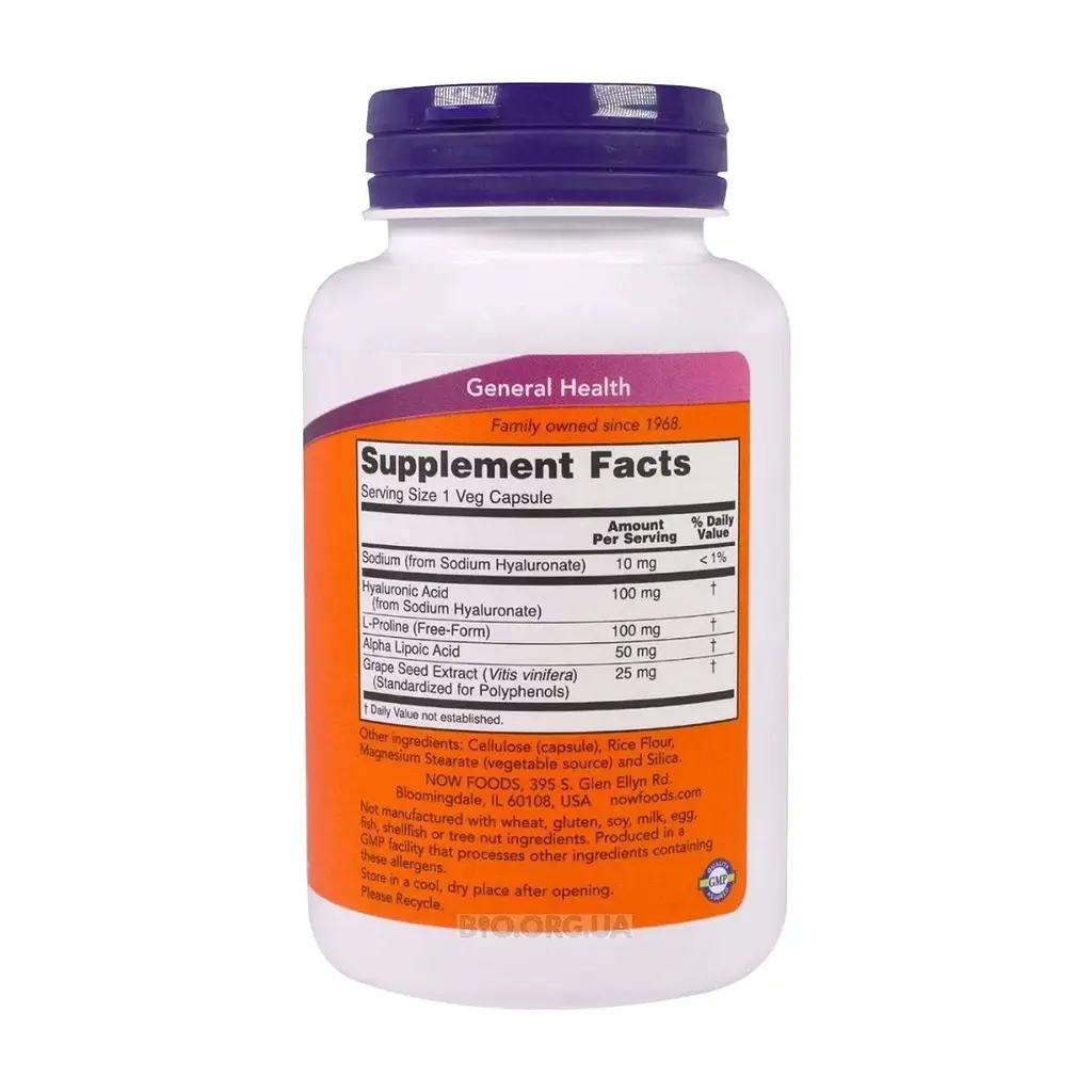 Вітамінно-мінеральний комплекс Now Foods Гіалуронова кислота, Hyaluronic Acid, 100 мг, 120 капсул (NOW-03151) - фото 2